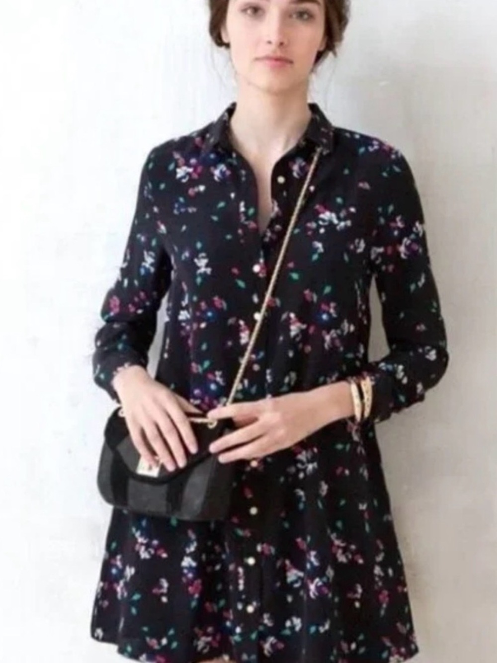 Sezane Button Shirt Dress 100% Silk Mini Dress Size Small Black Floral
